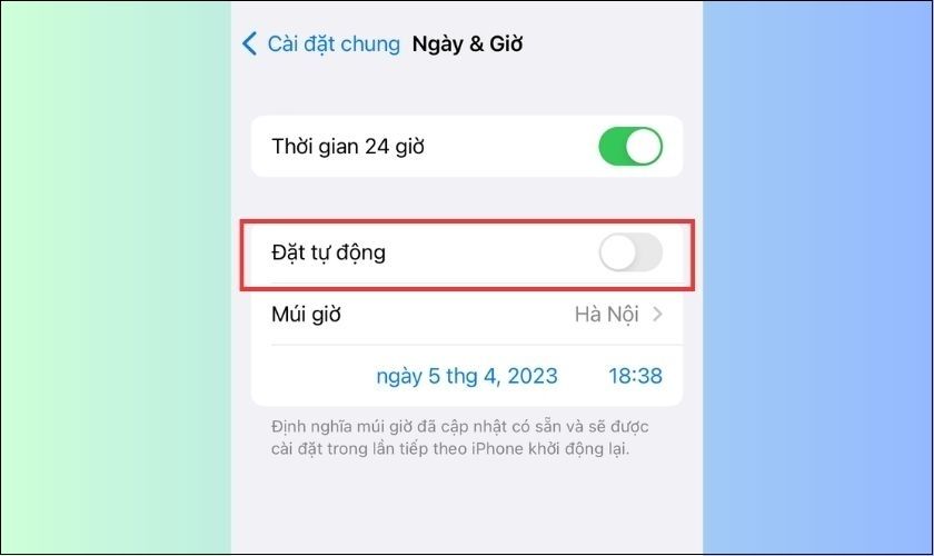 Bật/tắt nút đặt giờ tự động để cài đặt lại thời gian trên điện thoại